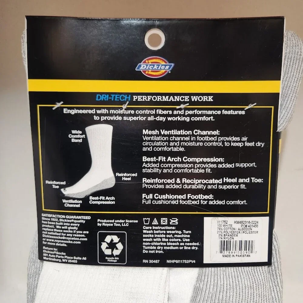 NEW Dickies Men's Dri-Tech Moisture Control Crew Socks 6 Pack Size XL White Soft